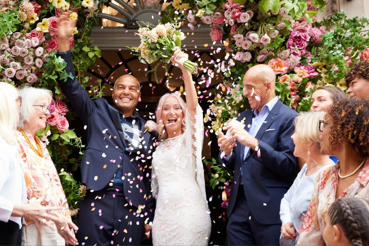Ray and Sammy celebrating their wedding with friends and family