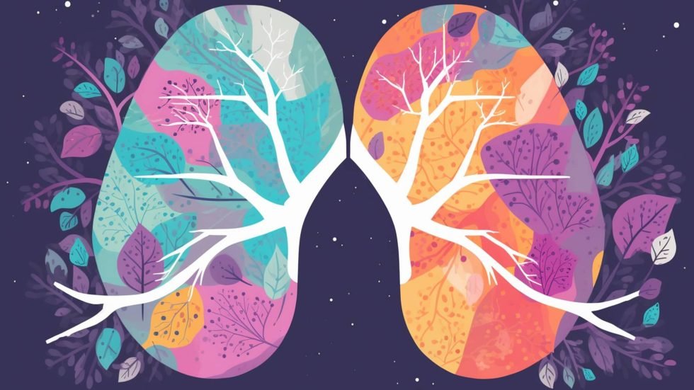 Colourful illustration of lungs and branching airways